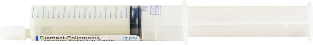 Eine weiße Spritze gefüllt mit Diamant-Polierpaste, beschriftet mit 'Diamant-Polierpaste Fein, PT-72G'.