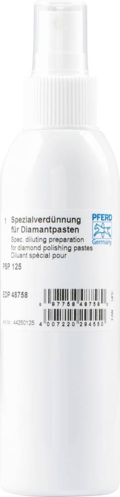 Sprühflasche mit der Aufschrift 'Spezialverdünnung für Diamantpasten', enthält Barcode und das Logo eines Unternehmens.