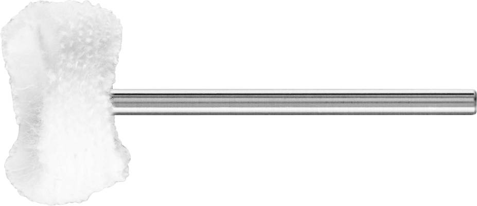 Ein weißer, wattierter Tupfer an einem langen, metallischen Stab, möglicherweise ein Abstrichinstrument, liegt flach dargestellt auf weißem Hintergrund.