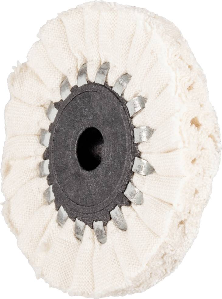 Ein weißes Polierpad mit dunklem Zentrum und Stofflagen wird gezeigt. Es ist für die Metallbearbeitung oder Reinigung gedacht.