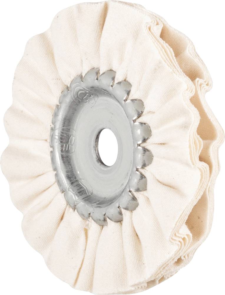 Rund gebundene Polierscheibe aus beigefarbenem Stoff mit Metallmitte. Verwendet für das Polieren von Metalloberflächen.