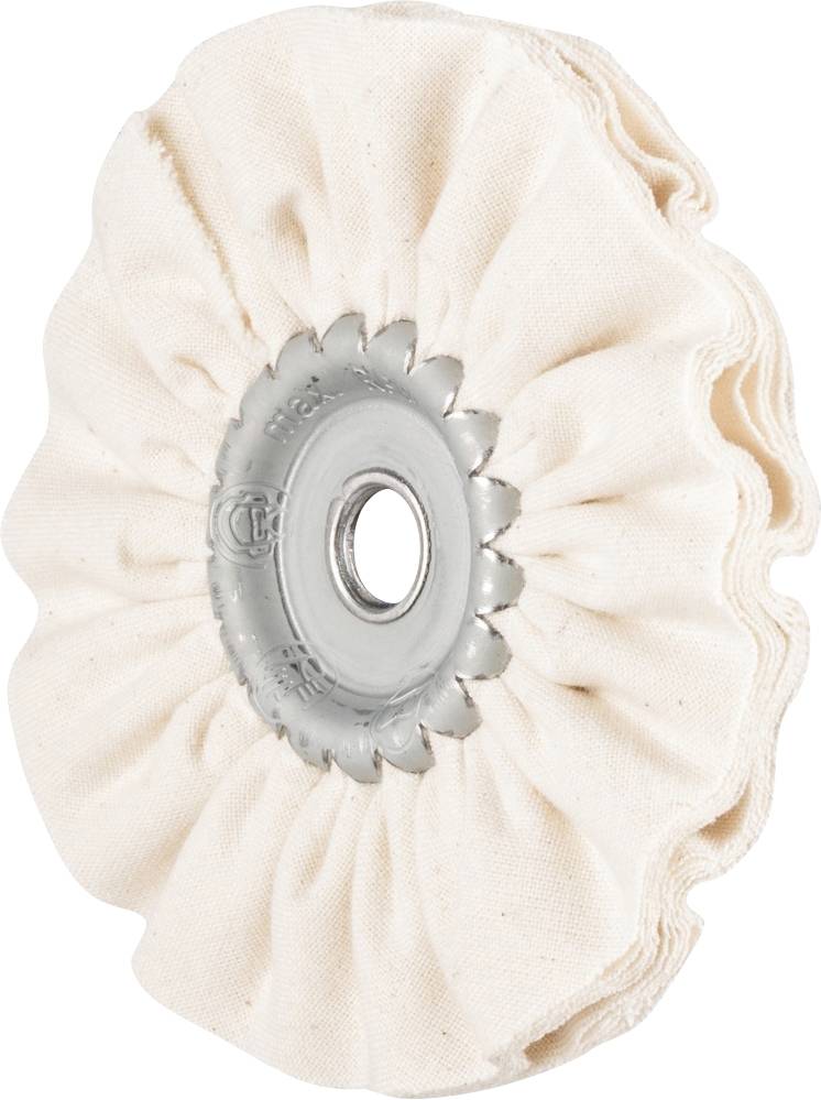 Buffscheibe aus weichem Stoff mit Metallkern, verwendet zum Polieren von Oberflächen.