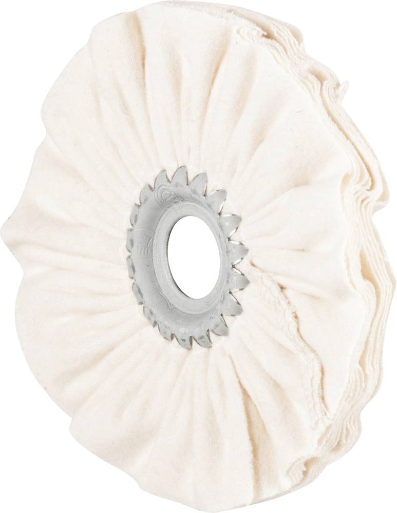 Ein weißer Polieraufsatz mit mehreren Lagen Stoff, die um eine zentrale Metallöffnung gefaltet sind. Verwendet zum Polieren von Oberflächen.