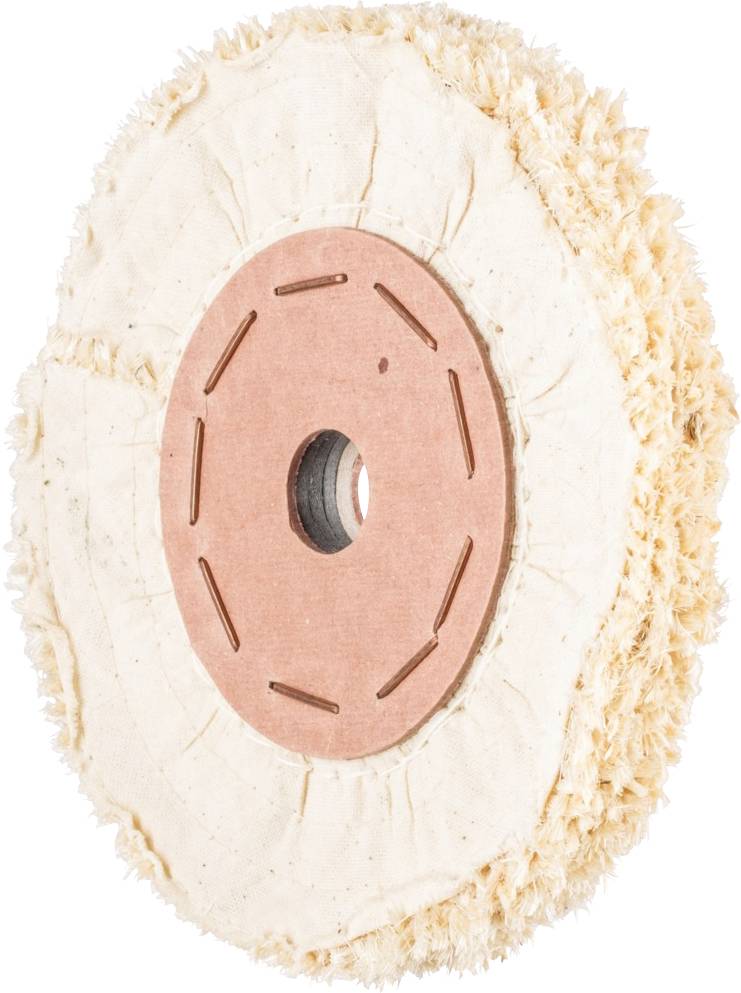 Ein Polieraufsatz aus Stoff mit kreisförmiger Form und einem roten Zentrum, das zur Befestigung auf einer Maschine dient.