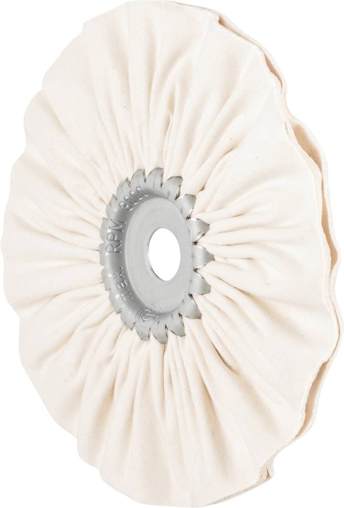 Ein weißes Polierscheibenpad mit Stofflagen, befestigt an einem metallischen Mittelteil, wird für Oberflächenpolitur verwendet.