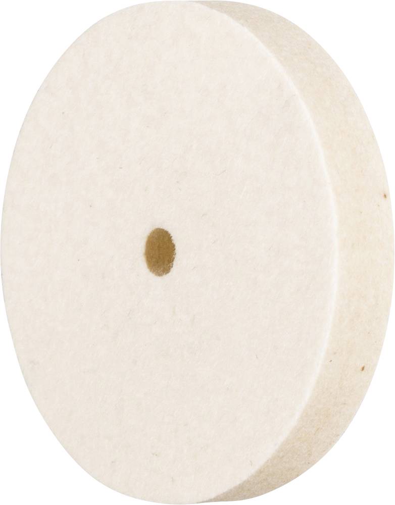 Eine runde, cremefarbene, flache Scheibe mit einem kleinen, dunkleren Punkt in der Mitte. Sieht wie ein Filzstück aus.