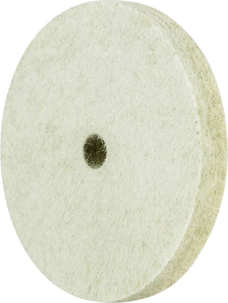 Rundes, weißes Filzpolierpad mit einem zentralen Loch, seitlich dargestellt.