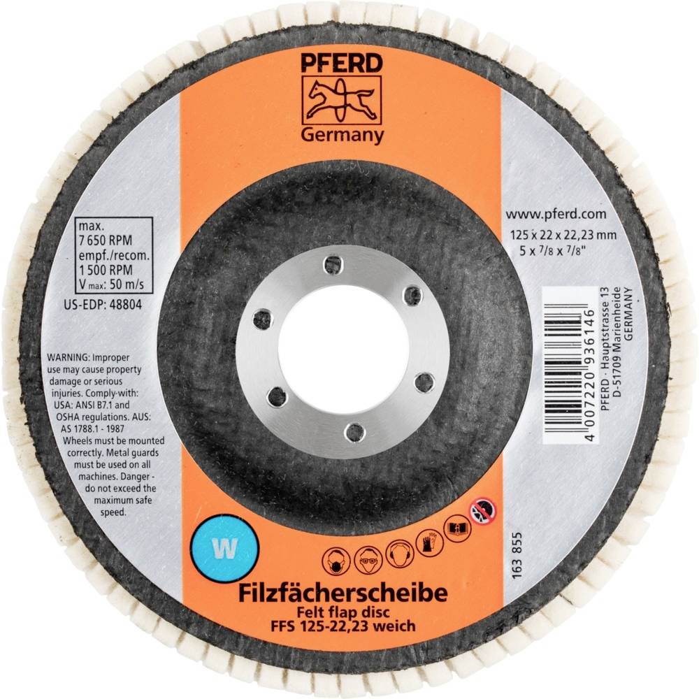 Filzfächerscheibe von PFERD Germany, 125 x 22,23 mm, zum Polieren; umfasst Geschwindigkeits- und Sicherheitsinformationen.