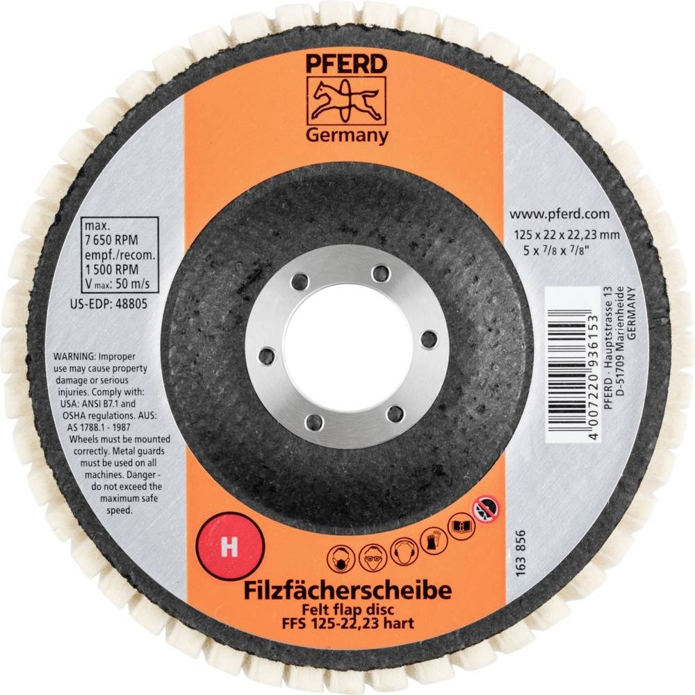Filzfächerscheibe von Pferd, maximale Drehzahl 7650 U/min, Durchmesser 125 x 22,23 mm. Warnhinweise und Herstellerangaben abgebildet.