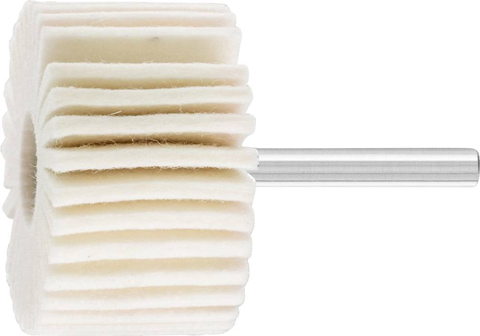 Weiße Polierscheibe mit mehreren Lagen und einem Metallstift in der Mitte, verwendet für die Polierung von Oberflächen.