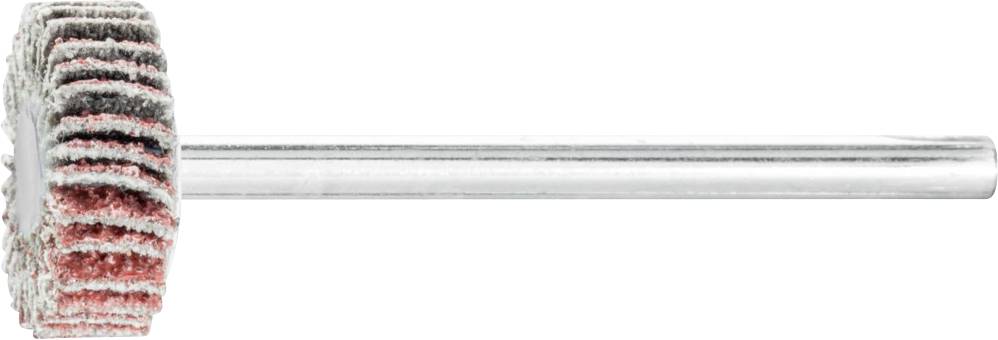 Schleifaufsatz mit Lappen und rotem Zwischenschicht auf einem metallischen Schaft, für Polier- oder Schleifarbeiten verwendet.