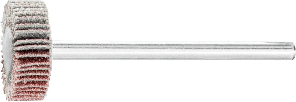 Schleifwerkzeug mit gewellten, roten und grauen Lamellen auf Metallstange, zum Polieren und Glätten von Oberflächen.