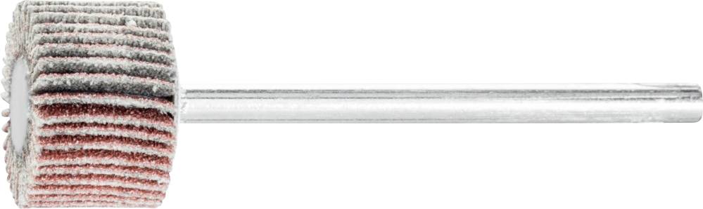 Ein Schleifaufsatz mit einer zylindrischen Form und mehreren Schleifblättern ist an einem Metallstab befestigt.