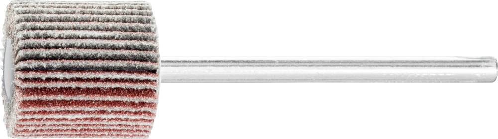 Schleifwalze mit zahlreichen feinen Schleifblättern, montiert auf einem Metallstift. Ideal für feine Schleifarbeiten auf Metall oder Holz.