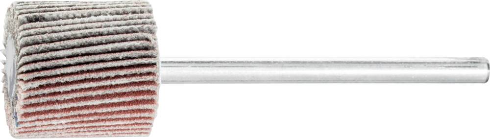Schleifaufsatz mit zylindrischer Form und gestapelten Schleifpapierlamellen, montiert auf einer Metallstange, zur Oberflächenbearbeitung.