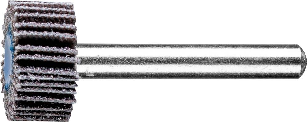 Ein Schleifaufsatz mit mehreren groben Lamellen auf einer Metallstange, verwendet zum Polieren oder Schleifen von Oberflächen.