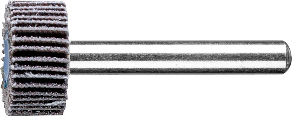 Ein Schleifstift mit lamellenförmigem Schleifkopf aus mehreren Schichten, befestigt an einem schmalen Metallstab zur Bearbeitung von Materialien.