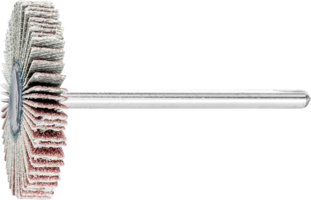 Ein Schleifkopf mit gestapelten Schleifscheiben auf einem Metallstab, seitlich dargestellt. Geeignet für Schleifarbeiten an verschiedenen Materialien.