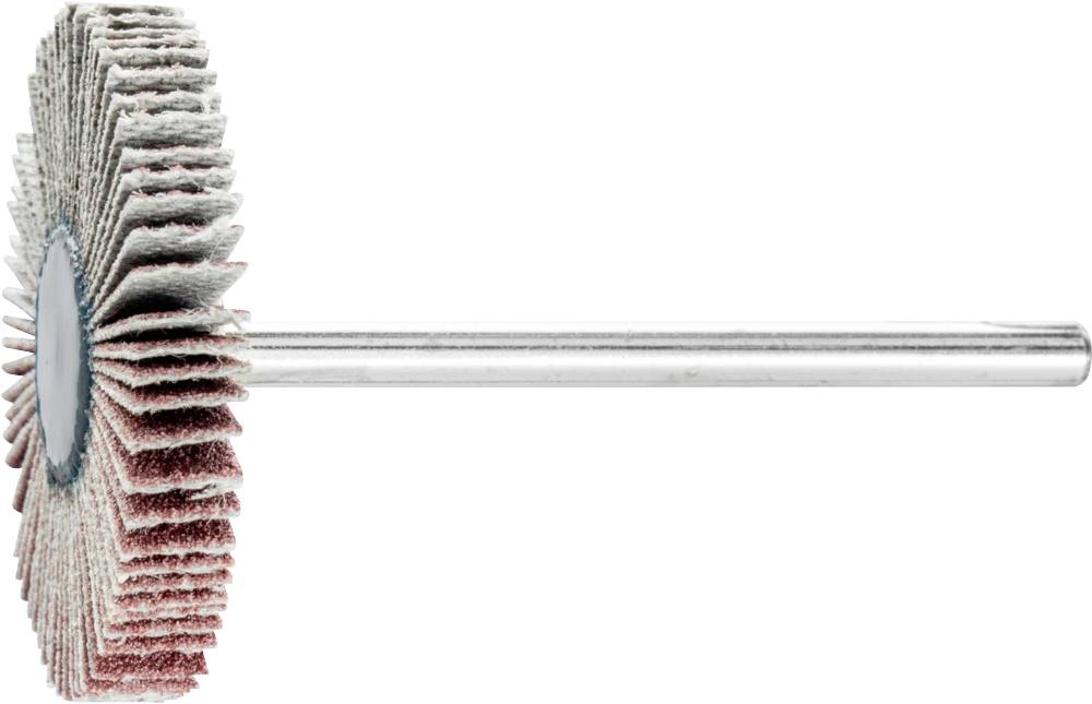 Schleifrad mit Metallschaft und radial angeordneten Schleifscheiben für Oberflächenbearbeitung, horizontal ausgerichtet.