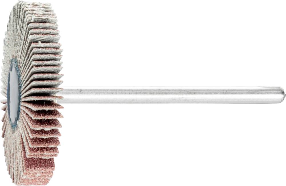 Schleifscheibe mit radial angeordneten Schleifblättern und einem Stahlschaft gezeigt. Used for polishing or grinding materials.