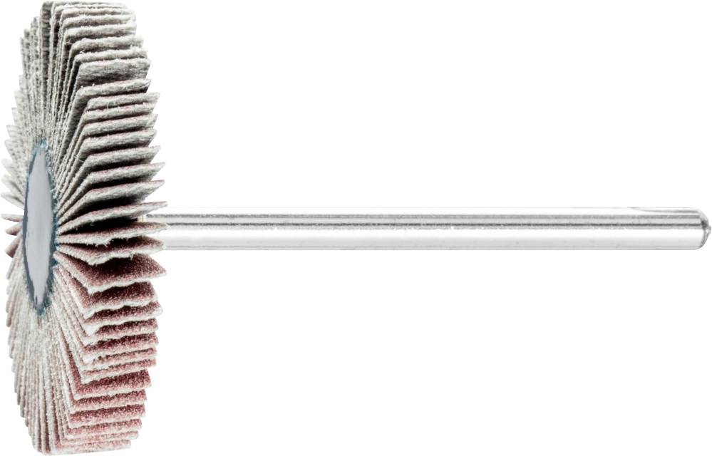 Schleifaufsatz mit mehreren Lamellen in Fächerform, montiert auf einem Metallstab, seitliche Ansicht.