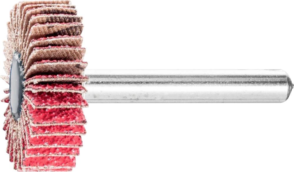 Ein Schleifaufsatz mit roten Schleifscheiben auf einem Metallstab, verwendet zum Polieren oder Schleifen von Oberflächen.