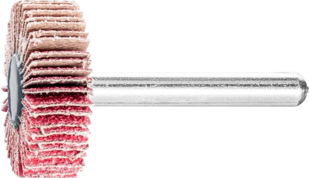 Ein Schleifaufsatz mit mehreren Lagen Schleifpapier auf Metallstift, vor weißem Hintergrund. Geeignet zur Oberflächenbearbeitung.