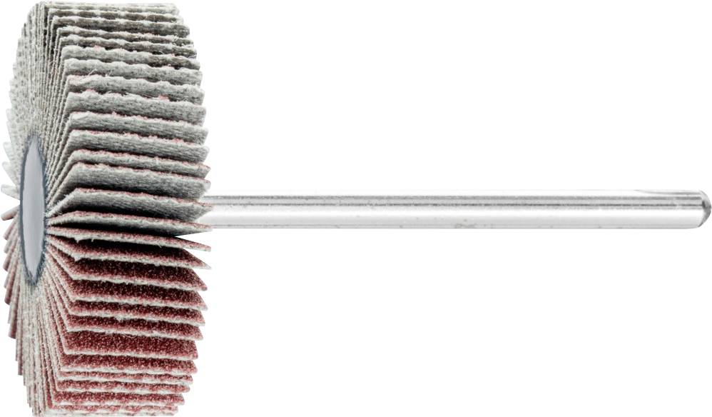 Ein Schleifrad mit synthetischen Schleifblättern, montiert auf einem Metallstab. Geeignet für Oberflächenbearbeitung und Polieren.