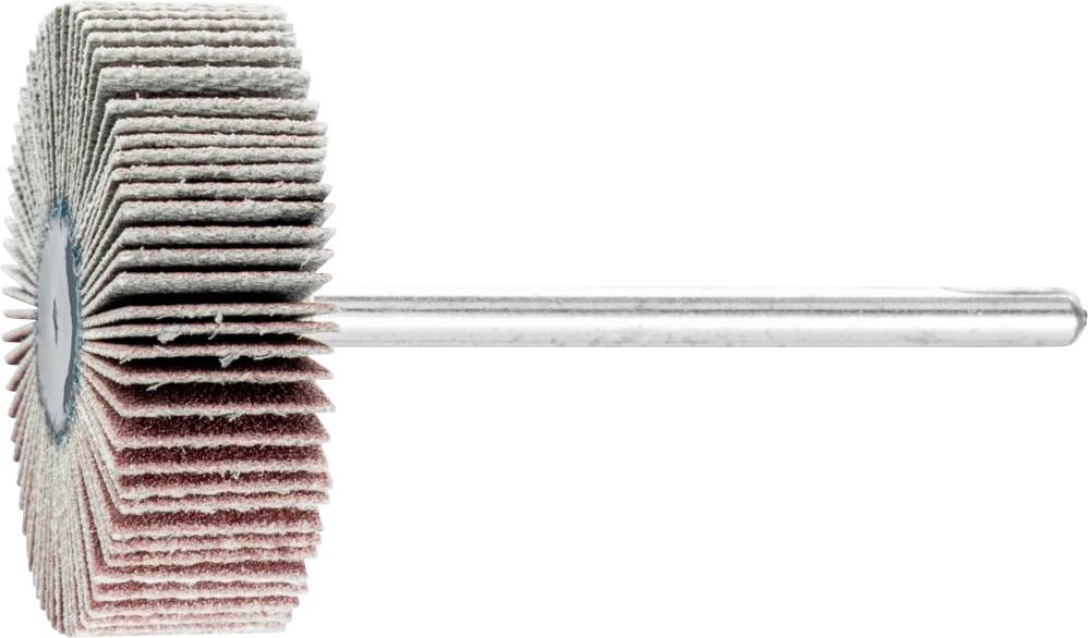 Lamellenschleifer mit Metallstiel, geeignet zur Metallbearbeitung und Oberflächenveredelung. Zeigt abgenutzte Schleiflamellen.