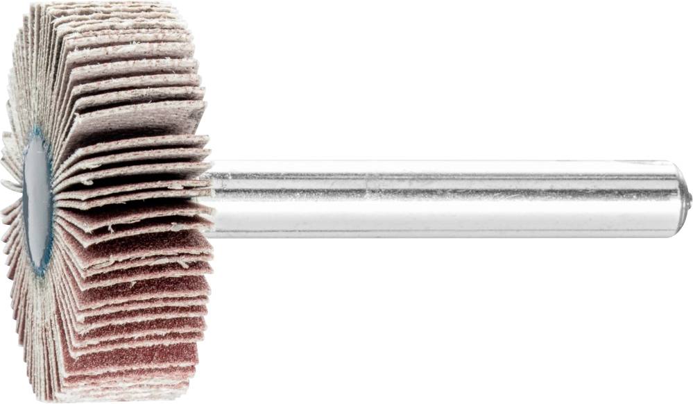 Eine rotierende Schleifscheibe mit vielen Schichten Sandpapier, befestigt an einem metallischen Stab.