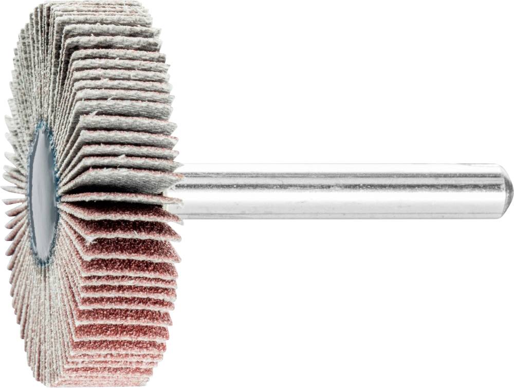 Schleifmop mit lamellenförmigen Schleifblättern und metallenem Schaft, seitliche Ansicht. Verwendet zur Metallbearbeitung.