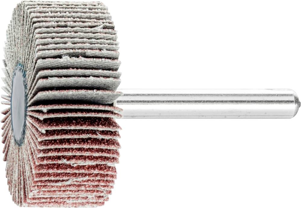 Schleifmop mit zylindrischem Metallstiel, bestehend aus mehreren Schichten Schleifpapier. Verwendet zum Polieren oder Abschleifen von Oberflächen.