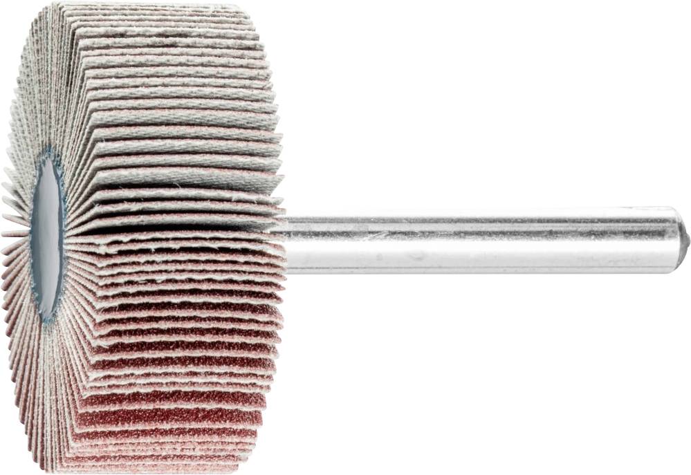 Ein Schleiflamellenrad mit zahlreichen radialen Lamellen und einem Metallstiel, verwendet für das Schleifen und Polieren von Oberflächen.