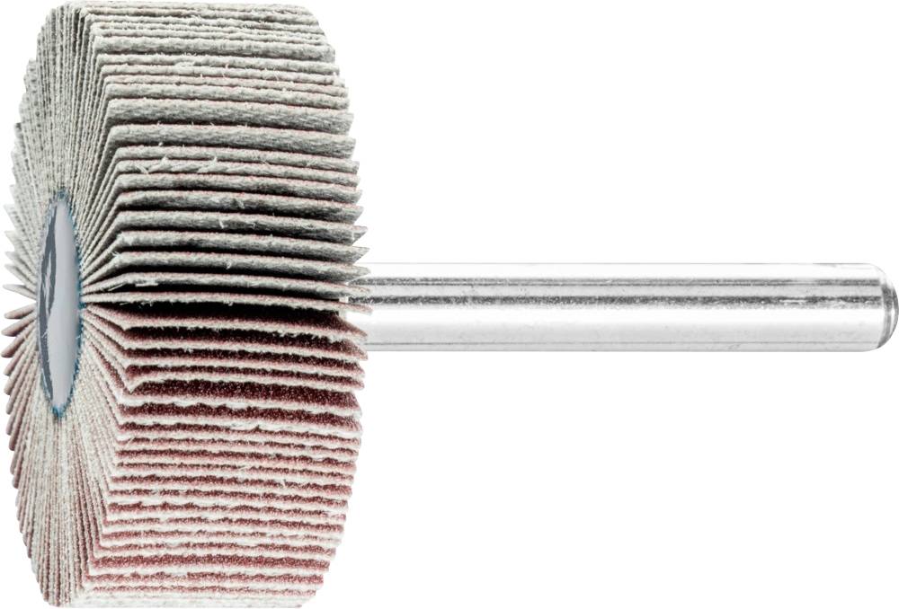 Schleifmop mit rotierenden Lamellen für das Schleifen und Polieren von Materialien. Zylinderform mit metallischer Achse.