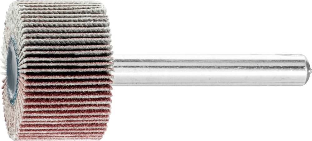 Schleifaufsatz mit zylindrischer Form und Lamellenstruktur zur Oberflächenbearbeitung, montiert auf einem Metallstab.