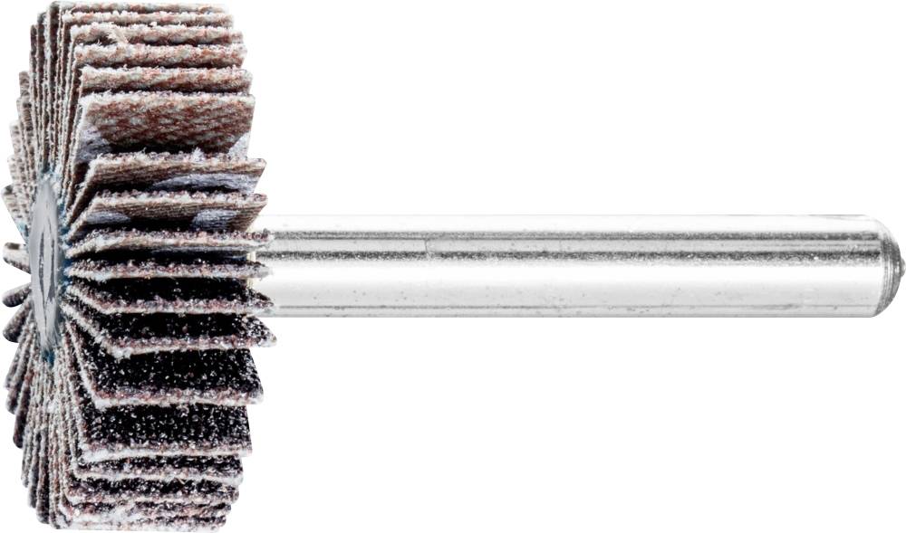 Schleiflamellenrad mit Metallstiel, gleichmäßig gefächert, für die Bearbeitung von Oberflächen oder Kanten in Handwerk und Industrie.