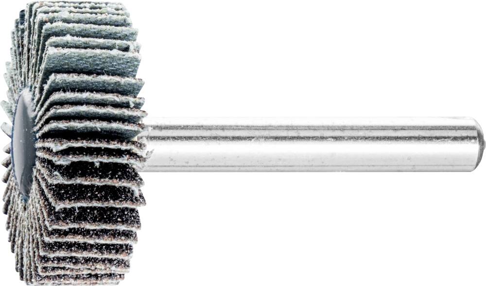 Ein Schleiflamellen-Rad mit Metallschaft, verwendet für Oberflächenbearbeitung und Polieren verschiedener Materialien.