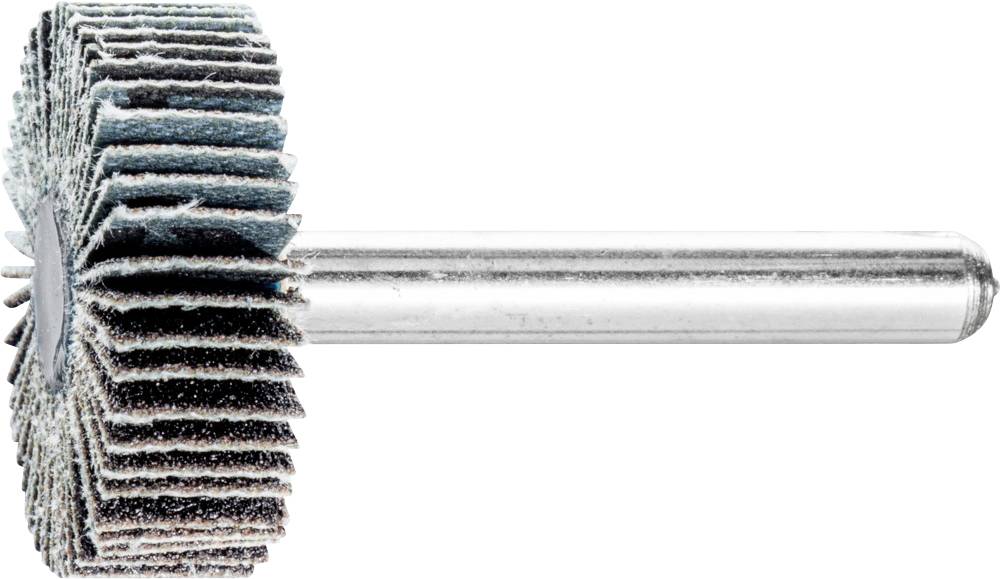 Schleifaufsatz mit mehreren Lamellen auf einem Metallstiel, verwendet für Oberflächenbearbeitung und Polieren in handwerklichen Anwendungen.