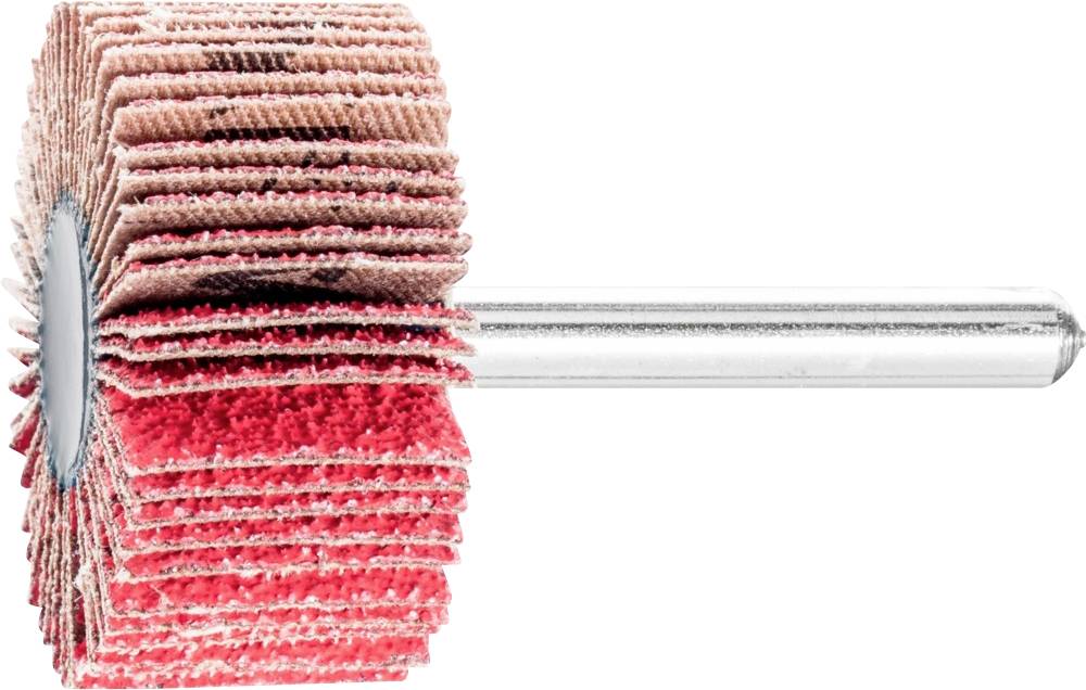 Schleifaufsatz mit mehreren Schichten von Schleifpapier auf einem zylindrischen Stab, hauptsächlich in Rot- und Rosatönen.