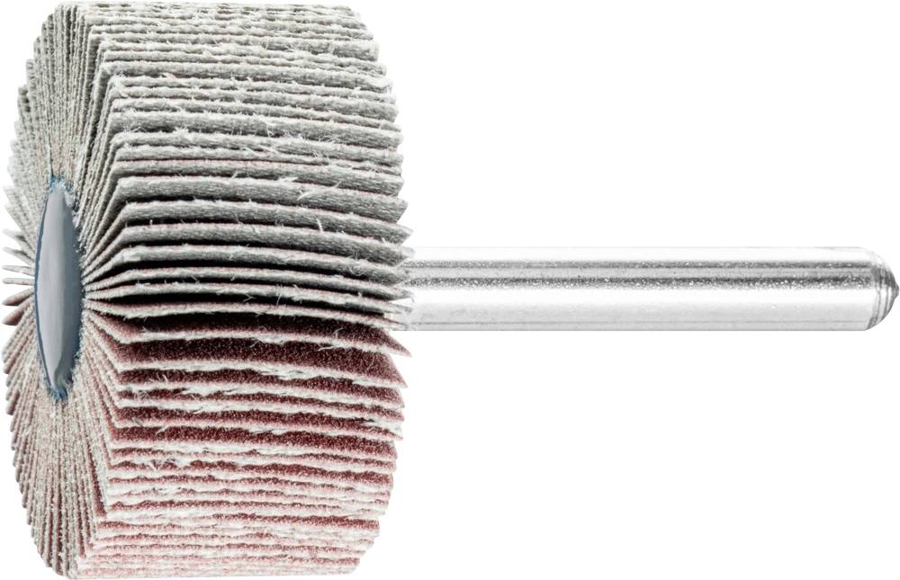 Schleifscheibe mit Lamellenstruktur auf einem Metallstift, verwendet zum Schmirgeln oder Polieren von Oberflächen.