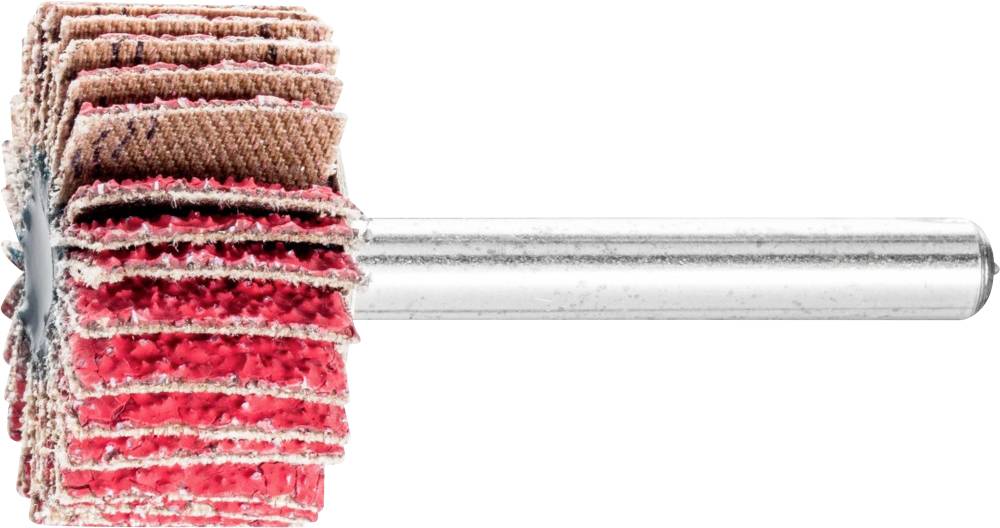 Schleifaufsatz mit roten und braunen Lamellen auf Metallstift, für präzises Schleifen von Materialien.