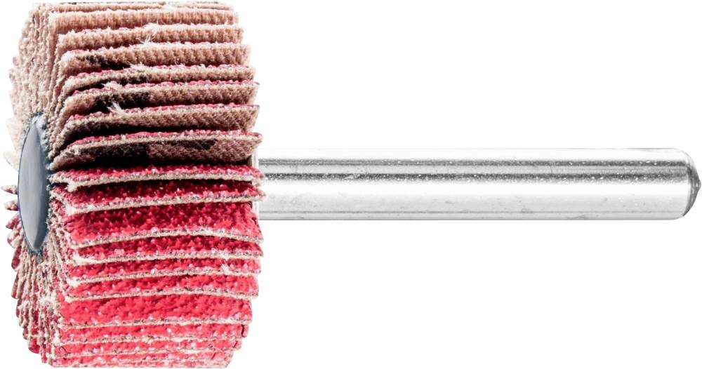 Schleifaufsatz mit roten Lamellen und silbernem Schaft, horizontal ausgerichtet. Verwendet zum Schleifen von Oberflächen.