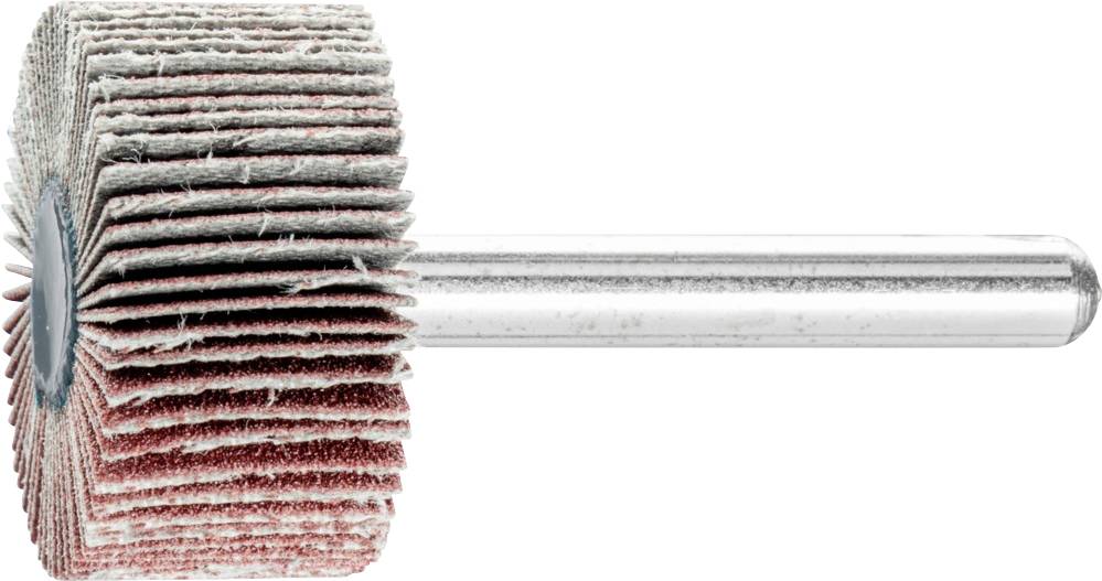 Schleifwerkzeug mit mehreren Schichten aus Schleifleinen auf einem zylindrischen Metallstab montiert, zur Oberflächenbearbeitung.