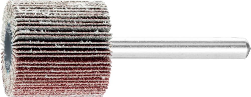 Ein Schleifaufsatz mit rot-grauen Lamellen und metallischem Schaft, verwendet für das Polieren und Schleifen von Materialien.