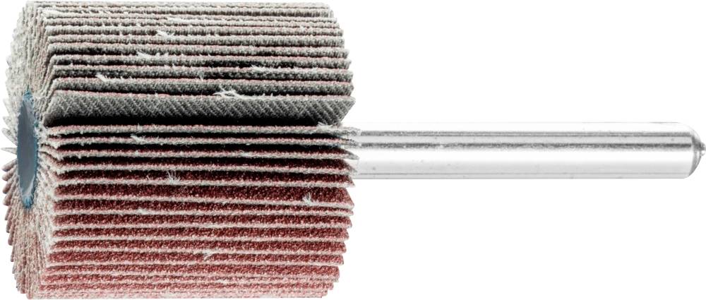 Ein zylindrischer Schleifaufsatz mit rot-grauen Lamellen aus Schleifpapier, montiert auf einem metallischen Schaft, vor weißem Hintergrund.