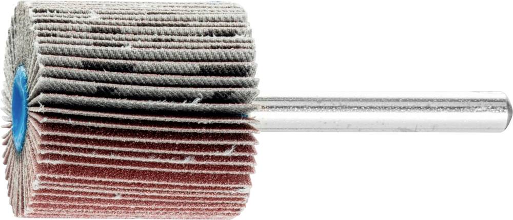 Ein zylindrischer Schleifaufsatz mit rot-grauen Lamellen auf einem Metallstift. Verwendet zur Oberflächenbearbeitung.