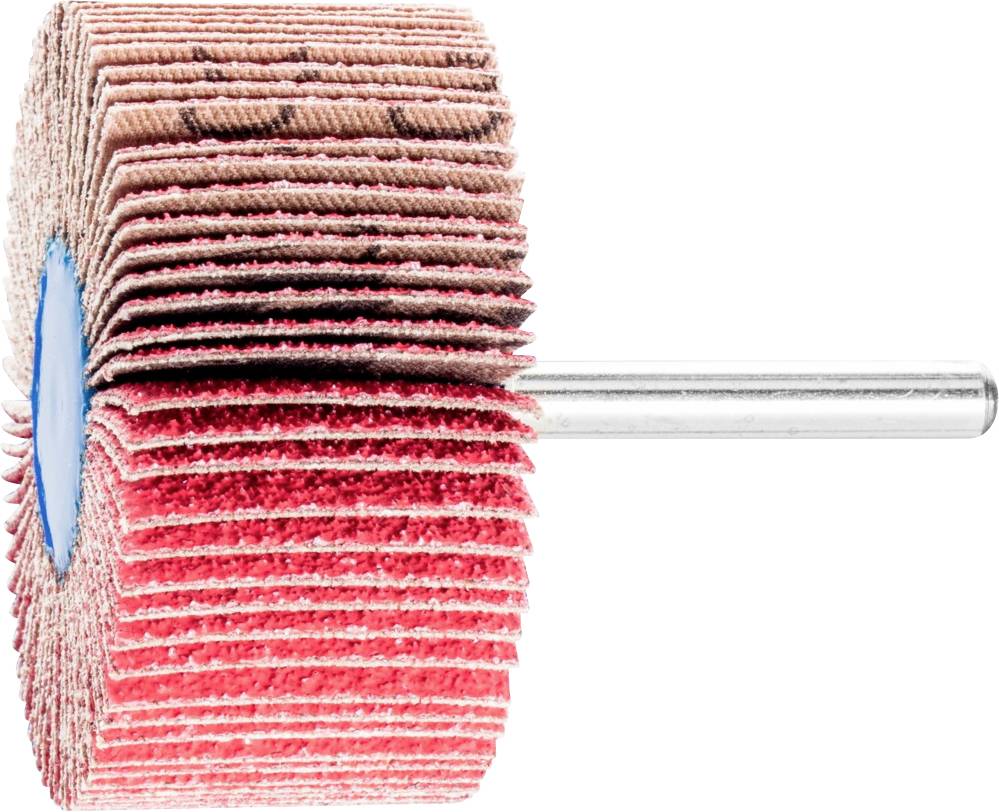 Schleifmop mit rotem Schleifmaterial und Metallstiel zur Maschinenbefestigung. Verwendet zum Glätten oder Polieren von Oberflächen.