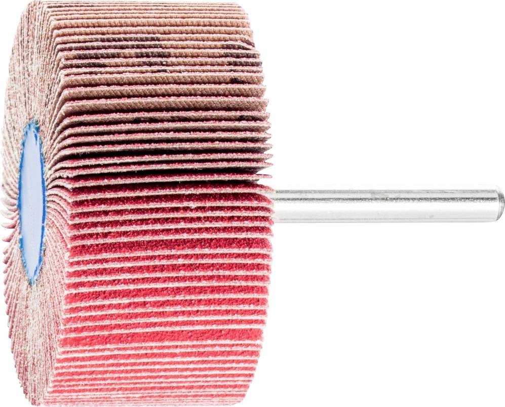 Schleiflamellenrad aus Schleifpapier mit blauem Zentrum und Metallstift, zur Verwendung in Schleifmaschinen zur Oberflächenbearbeitung.