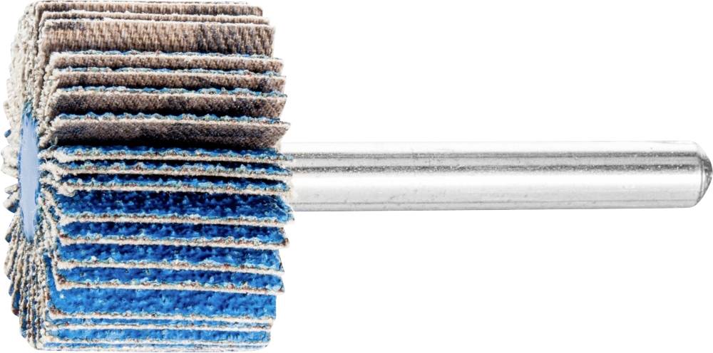 Ein zylindrischer Schleifaufsatz mit blauen und braunen Schleifblättern auf einer Metallstange, vermutlich für handwerkliche Arbeiten.