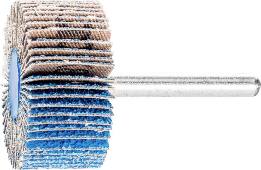 Schleifaufsatz mit blauen und braunen Lamellen an Metallstab. Verwendet zum Polieren und Schleifen.